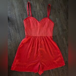 BCBGMaxAzria Structured Bodice Satin Bottom With Pockets Orange Romper